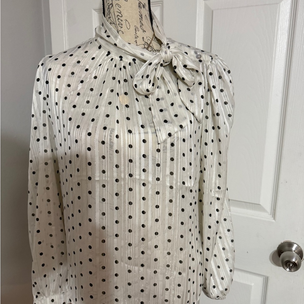 Cream Pleated Blouse with 3/4 Sleeves and Tie Front